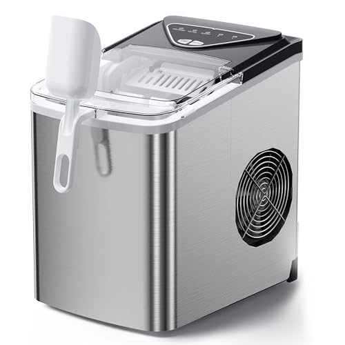 Silonn Countertop Ice Maker, 9 Ice Cubes in 6 Mins, 26 Lbs in 24 Hrs, Compact Ice Machine with Ice Basket & Scoop, 2 Ice Sizes Self-Cleaning Ice Maker for Home/Party/Office, Stainless Steel