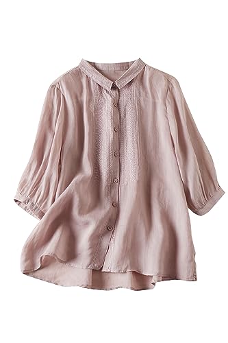 DOVWOER Women's 2023 Fall Cotton Linen Jacquard Tunic Tops Button Down Blouse