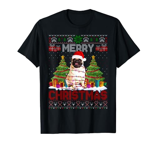Merry Christmas Santa Light Pug Dog Family Ugly Sweater T-Shirt