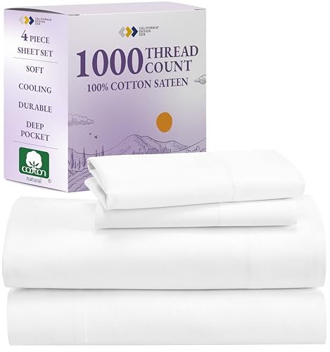 California Design Den 1000 Thread Count Queen Size Sheet Set, Winner Architectural Digest Best Sheet, 4 Pc Luxury 100% Cotton Sateen Bed Sheets, Softer than Egyptian Cotton (White)