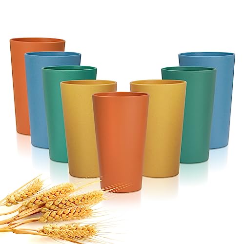 Wotolit Wheat Straw Cups Plastic Cups Unbreakable Drinking Cup Reusable Dishwasher Safe Water Glasses Colorful (20OZ 8PCS)