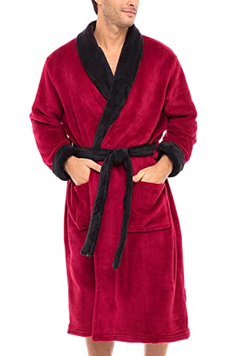 Alexander Del Rossa Men's Plush Fleece Robe with Pockets, Cozy Warm Bathrobe Burgundy with Black Medium (A0114BRBMD)