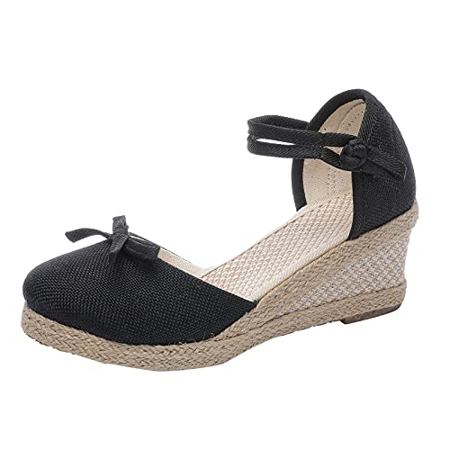 Women's Closed Toe Crisscross Elastic Ankle Strap Platform Wedge Sandals Slip on Elastic Ankle Strap Wedges Sandals Boho Style with Foam Insole 03-Black, 9