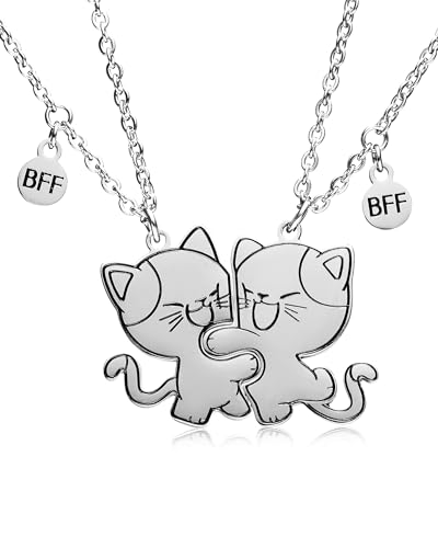 Yooborn BFF Necklace 2 Best Friend Pendant Gifts Set 2 Pcs Cute Cartoon Cats Magnetic Matching Friendship Necklace for 2 Girls Sister BFF.
