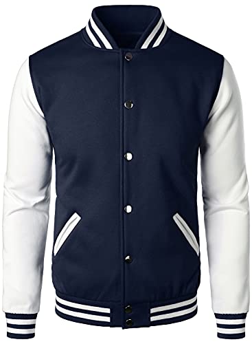 HOOD CREW Man’s Varsity Baseball Jacket Cotton Blend Letterman Jackets Navy L