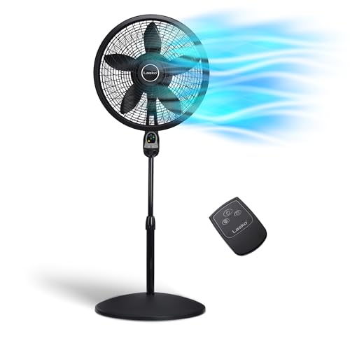 Lasko Oscillating Cyclone Pedestal Fan, Adjustable Height, Timer, Remote Control, 3 Speeds, for Bedroom, Living Room, Home Office, 18', Black, 1843