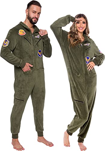 FUNZIEZ! Fighter Pilot Costume - Adult Military Flight Suit Jumpsuit Pajamas (Olive, Small)