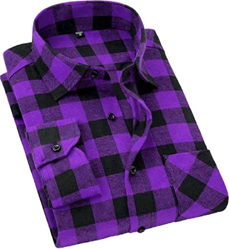 Cromoncent Men's Casual Plaid Flannel Long Sleeve Button Down Shirt,Purple Black,X-Large