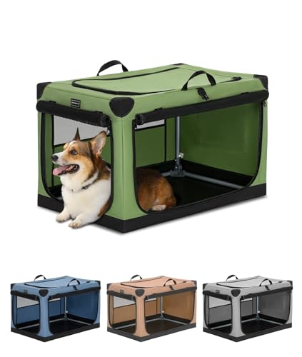 Petsfit 30 Inch Soft Dog Crate, Adjustable Fabric Cover by Spiral Iron Pipe, Chew Proof 3 Door Design, Travel Collapsible Dog Kennel Green