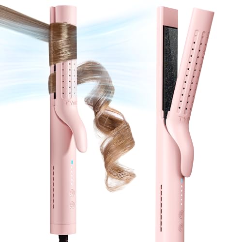 TYMO Airflow Curling Iron - Flat Iron Hair Straightener and Curler 2 in 1, Ionic Ceramic Hair Waver Curing Wand 1.25 Inch for Short Hair, Lightweight & Dual Voltage for Travel, Anti-Scald, 5 Temps