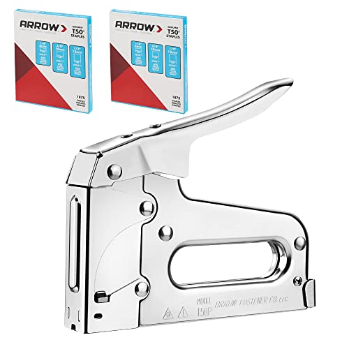 Arrow T50 Heavy Duty Staple Gun Kit, All Chrome Steel Stapler, with 3750 Pieces T50 1/4', 3/8', 1/2' Staples, for Upholstery Professional Projects