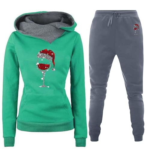 Women's Christmas Sweatshirt Set Wine Glass Print Cowl Neck Hooded Long Sleeve Sleepwear Soft Warm Comfortable Autumn Winter Relax 2 Piece Set Christmas Sweatshirt For Women
