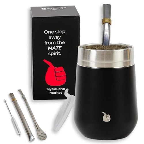 GAUCHO-MARKET Yerba Mate Cup Gourd with Lid Double-Wall Insulated Vacuum Stainless Steel Mate Tea Cup Set With Lid, With Bombilla (Straw) and a Brush. (Revolution Black)