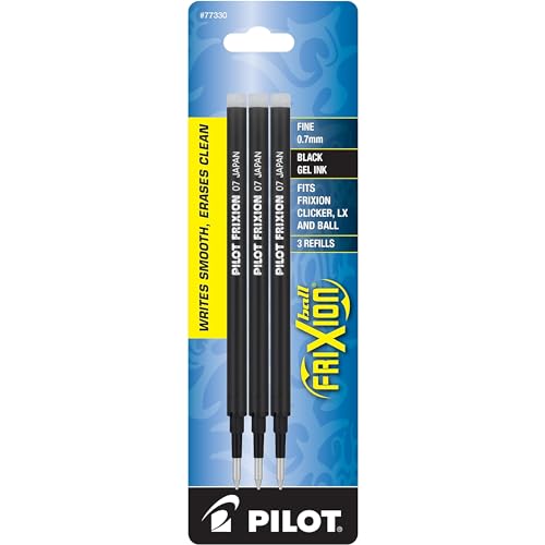 Pilot, FriXion Ball Gel Ink Refills for Erasable Pens, Fine Point 0.7 mm, Pack of 3, Black