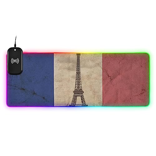 Eiffel Tower French Flag Wireless Charging Mouse Pad for Mobile Phone Extra Large Gaming Mousepad with 13 Lighting Modes Keyboard Mat for Gaming MacBook PC Laptop Desk Office Home