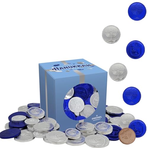 Hanukkah Chocolate Coins, Belgian Blue and Silver Milk Chocolate Coin, Nut-Free, Kosher Gelt in Hanukkah Box (Half-Pound)