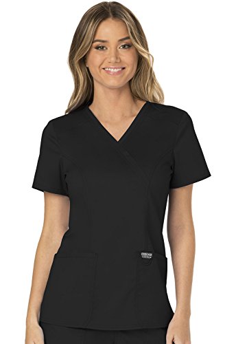 Mock Wrap Top Scrubs for Women Workwear Revolution, Soft Stretch, Easy Care Plus Size WW610, 2XL, Black
