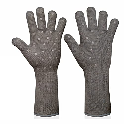 Oven Gloves with Fingers by Beets & Berry, Cooking Gloves Heat Resistant up to 650°F, for Small Hands, Baking Gloves Extra Long, BBQ Glove, Oven Glove, Kitchen Gloves for Oven, Grill Gloves, Gray