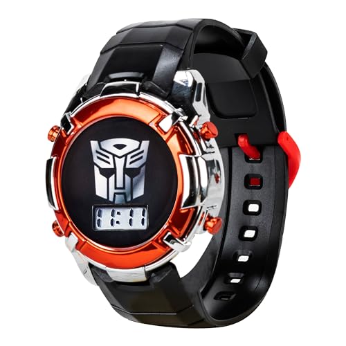 Accutime Transformers LCD Digital Watch for Kids - Iconic Autobot Design, Flashing LED Lights, Black and Red Durable Strap, Comes in Collectible Tin Box