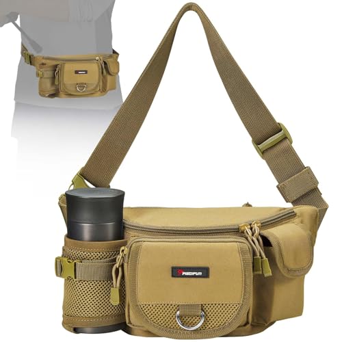 Piscifun Fishing Tackle Bag with Adjustable Waist Strap, Portable Multi-function Fanny Fishing Storage Pack, Water-Resistant Outdoor Fly Small Fishing Bag (Khaki)