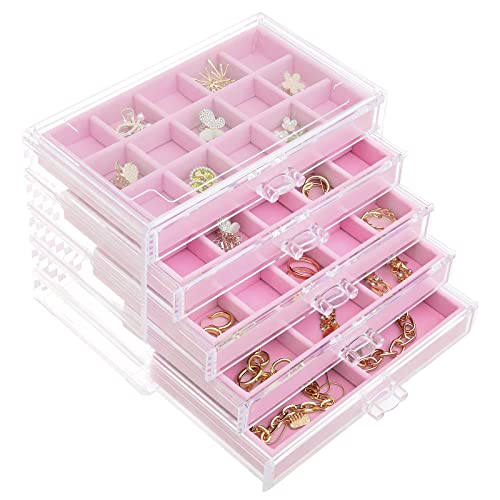 misaya Earring Jewelry Organizer with 5 Drawers, Birthday and Christmas Gift, Clear Acrylic Jewelry Box for Women, Velvet Earring Display Holder for Earrings Only, Pink