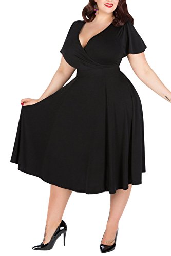 Nemidor Women's V-Neckline Stretchy Casual Midi Plus Size Vintage Dress (18W, Black)
