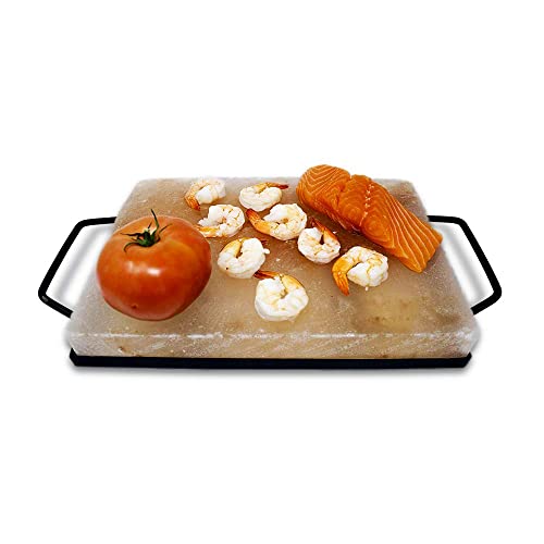 Himalite Himalayan Pink Salt Block & Metal Tray Set 12” x 8” x 1.5” for Cooking, Grilling, Cutting, and Serving with Himalayan Cooking Accessories