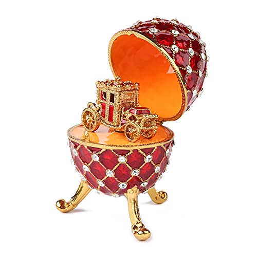 QIFU Vintage Red Imperial Faberge Egg Style Collectible with Mini Royal Carriage, Unique Gift for Easter Collection