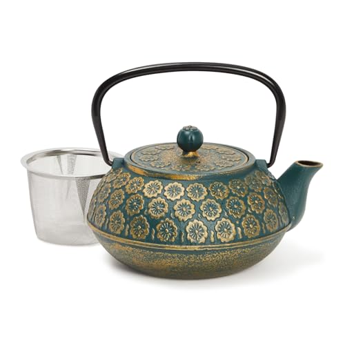 Juvale Green Floral Cast Iron Teapot Kettle with Stainless Steel Loose Leaf Infuser (34 oz)