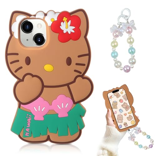 WOLLONY Cat Case 3D Cartoon Phone Cases for iPhone 12 Case/iPhone 12 Pro Phone Case with Bracelet Chain, Kids Girls Women Cool Fun Cute Kawaii Animal Soft Silicone Protective Cover, Brown/Pink