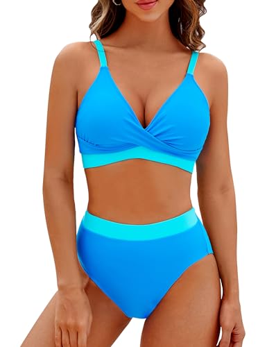 BMJL Women's High Waisted Bikini Sets V Neck Two Piece Swimsuit Color Block Twist Front Bathing Suits(L,Blue)
