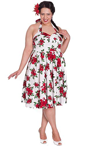 Hell Bunny Black and Red Roses Rockabilly 50s Cannes Swing Dress (White, Medium)
