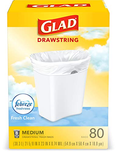 Glad Trash Bags, Medium Kitchen Drawstring Garbage Bags 8 Gallon White Trash Bag, Fresh Clean Scent, 80 Count (Package May Vary)