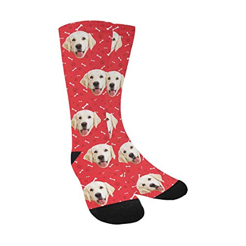 Custom Personalized Printed Photo Socks, Turn Your Picture Face into Bones Cat Dog Tracks Paws Red Crew Socks Unisex