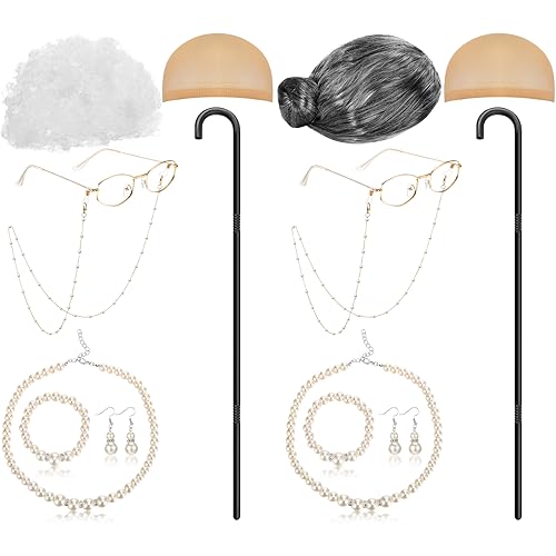 Yingzhao 12 Pcs Old Lady Costume for Women Includes Granny Wigs Glasses with Chain Walking Cane Necklace Earrings Bracelet (Cute Style)