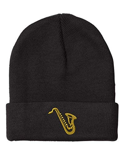 Speedy Pros Beanies for Men Saxophone Embroidered Music Instruments Winter Hats for Women Acrylic Skull Cap One Size Black Design Only
