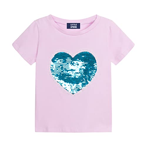 LittleSpring Size 7-8 Girl Clothes Short Sleeve Tee Shirts for Little Girls T-Shirt Blue Sequin Top Heart Shaped Loose Fit Purple Tshirts