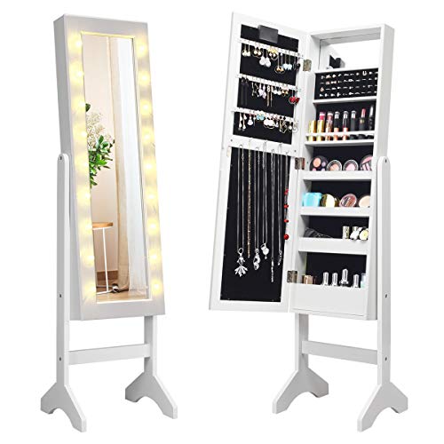 Giantex Standing Jewelry Armoire with 18 LED Lights Around the Door, Large Storage Mirrored Jewelry Cabinet with Full Length Mirror, 16 Lipstick Holders, 1 Inside Makeup Mirror (White)