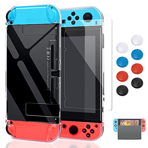 Case Compatible with Nintendo Switch, Fit The Dock Station, Protective Accessories Cover Compatible with Joy Con Controller and Console Dockable with a Tempered Glass Screen Protector, Clear