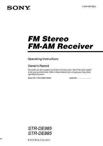 Instruction Manual for Sony STR-DE985 STR-DE885 AV Reciever Owners Manual [Jan 01, 19...