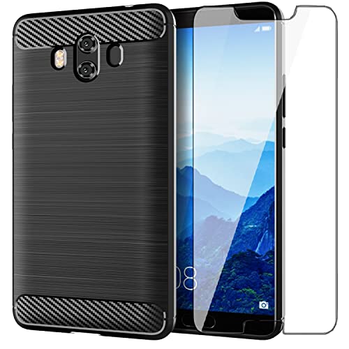 Asuwish Phone Case for Huawei Mate 10 with Tempered Glass Screen Protector Cover and Cell Accessories Soft TPU Silicone Slim Protective Hawaii Mate10 ALP-L09 ALP-L29 Women Men Carbon Fiber Navy Black