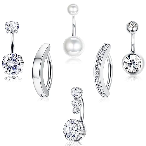 LOLIAS 6Pcs Silver Belly Button Rings Surgical Stainless Steel Belly Rings CZ Clicker Belly Button Piercings for Women Navel Piercings Pack,Silver-Clicker