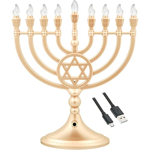 Traditional LED Electric Hanukkah Menorah with Crystals - Battery or USB Powered - Includes a Micro USB 4' Charging Cable (Gold Hanukkah Menorah with Crystals)