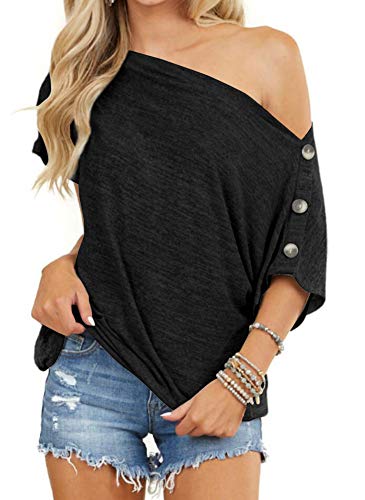 INFITTY Womens Off Shoulder Tops Casual Summer Loose Button Down Short Sleeve Sexy Shirt Tunic Blouse Black Small