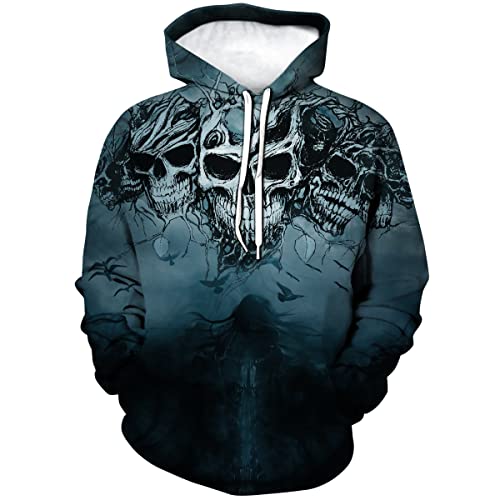 Hehanus Mens Skull Printed Hoodie Novelty Graphic Sweatshirt Pullover Hoodies,Blue,XL