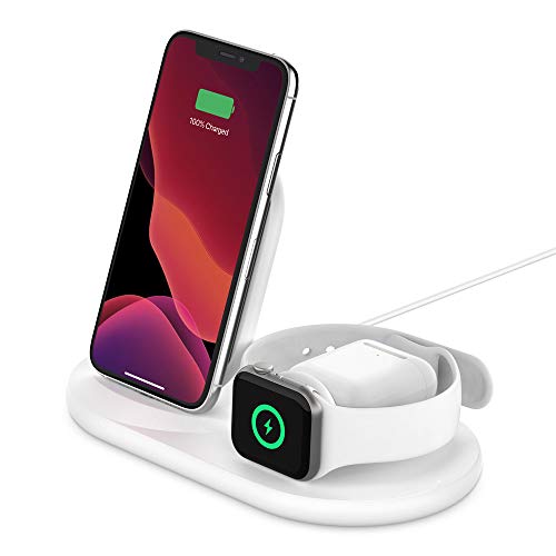 Belkin 3-in-1 Fast wireless charging Stand for iphone, Apple Watch & AirPods - iphone Case Compatible Qi Charger - charging Station For Multiple Devices - White