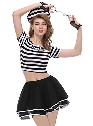 CHILYARD Prisoner Costume Sexy Women Inmate Costume Halloween 8-10