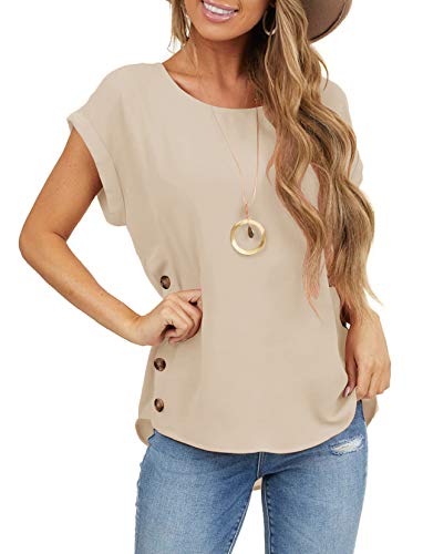 Limerose Women's Short Sleeve Tops Crew Neck Side Button Shirts Casual Loose Fit T-Shirt Apricot