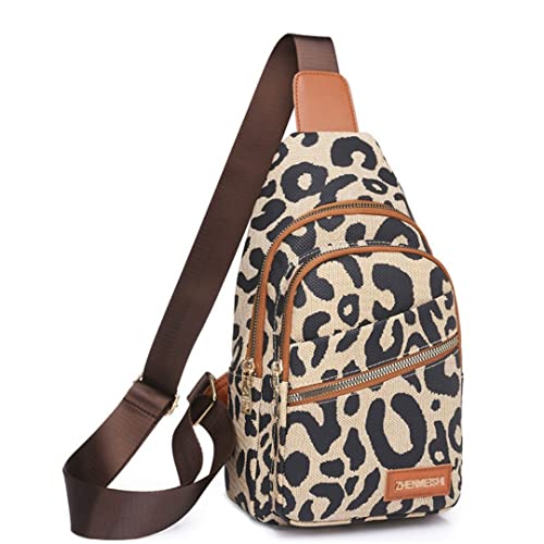 Hiriotin Leopard Print Chest Bag for Women Letter Print Crossbody Sling Backpack with Wide Strap Multipurpose Fanny Daypack (leopard print)