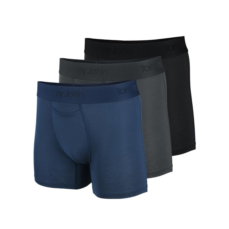 Tommy John Men’s Trunk 4” Underwear - Second Skin Boxers with Supportive Contour Pouch - Barely-there Stretch Fabric (Black/Turbulence/Dress Blues, Large)